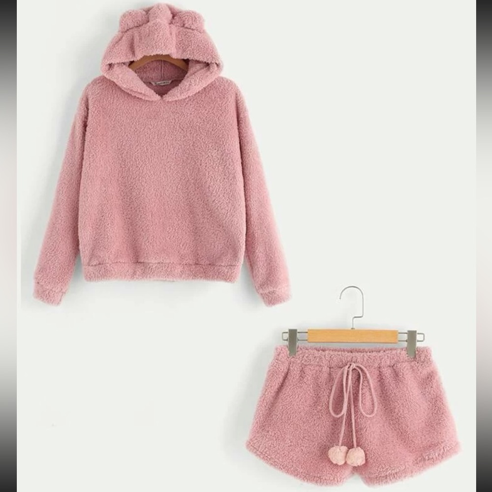 NWOT SHEIN Cartoon Print Letter Teddy Coat & Shorts Set